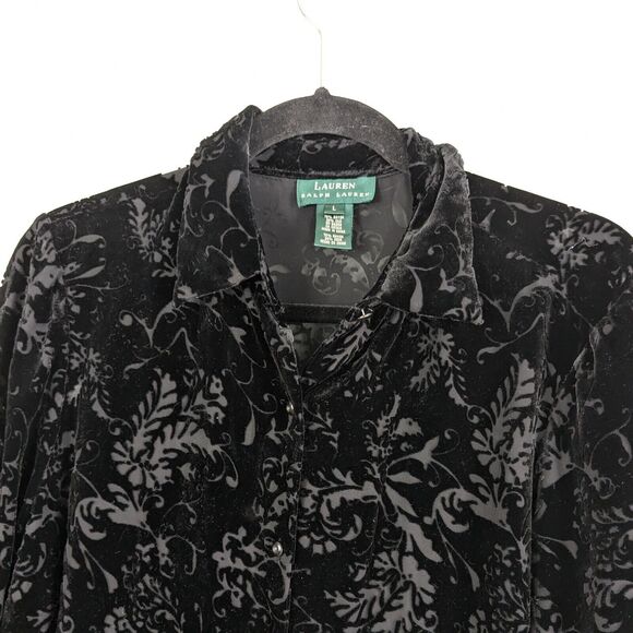Vtg Lauren Ralph Lauren Velvet Top L Black Shirt Silk Sheer Button Whimsigoth - Picture 9 of 10